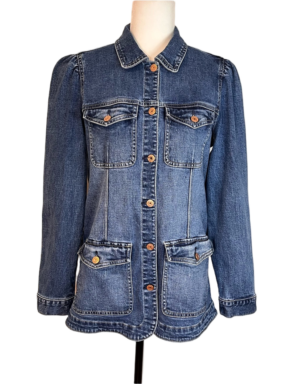 Gap Dark Indigo Denim Chore Jacket Medium 4 Patch Pocket Utility Hip Length Flaw